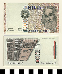 Thumbnail of Bank Note: Italy, 1,000 Lire (1992.23.0872)