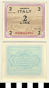 Thumbnail of Bank Note: Italy, 2 Lire (1992.23.0875)