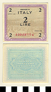 Thumbnail of Bank Note: Italy, 2 Lire (1992.23.0876)