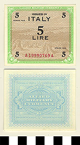 Thumbnail of Bank Note: Italy, 5 Lire (1992.23.0877)