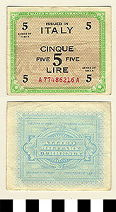 Thumbnail of Bank Note: Italy, 5 Lire (1992.23.0879)