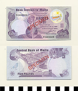 Thumbnail of Bank Note: Malta, 5 Pounds (1992.23.1027B)
