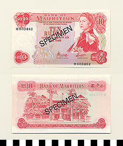 Thumbnail of Bank Note: Republic of Mauritius, 10 Rupees (1992.23.1033B)