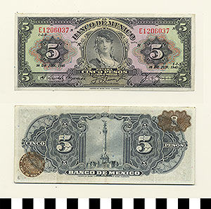 Thumbnail of Bank Note: Mexico, 5 Pesos (1992.23.1042B)