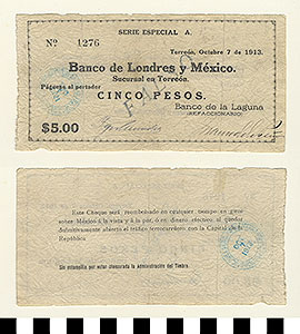 Thumbnail of Bank Note: Mexico, 5 Pesos (1992.23.1326)