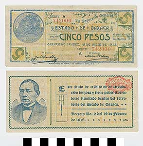 Thumbnail of Bank Note: Mexico, 5 Pesos (1992.23.1412)