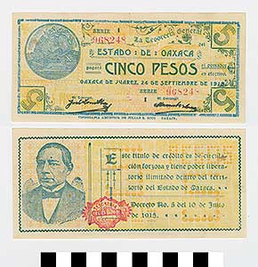 Thumbnail of Bank Note: Mexico, 5 Pesos (1992.23.1415)