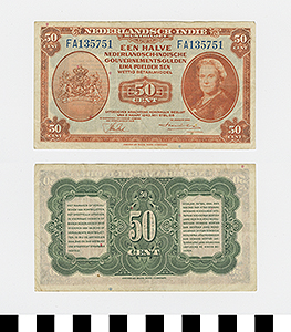Thumbnail of Bank Note:  Netherlands East Indies, or the Dutch East Indies for Philippines, 50 Cents (50 Sen) (1992.23.1537)