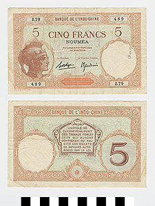 Thumbnail of Bank Note: New Caledonia, 5 Francs (1992.23.1548)