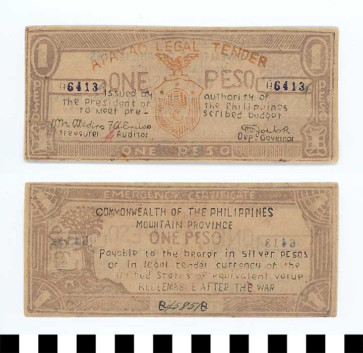 Thumbnail of Philippine Commonwealth Government Apayao Mountain Province Emergency Circulating Bank Note: 1 Peso (1992.23.1662)