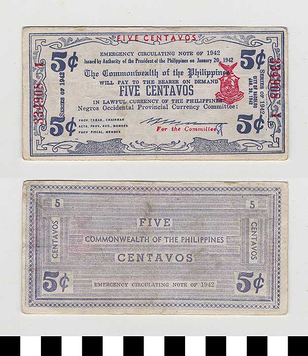 Thumbnail of Philippine Commonwealth Government Negros Occidental Emergency Circulating Bank Note:  5 Centavos (1992.23.1699)
