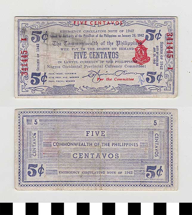 Thumbnail of Philippine Commonwealth Government Negros Occidental Emergency Circulating Bank Note: 5 Centavos (1992.23.1700)