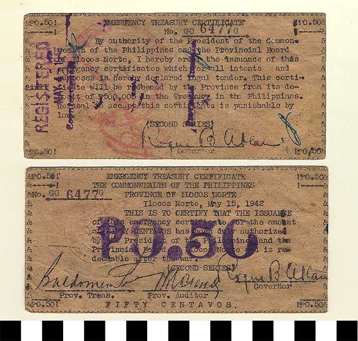 Thumbnail of Philippine Commonwealth Government Province of Ilocos Emergency Circulating Bank Note: 50 Centavos (1992.23.1774)