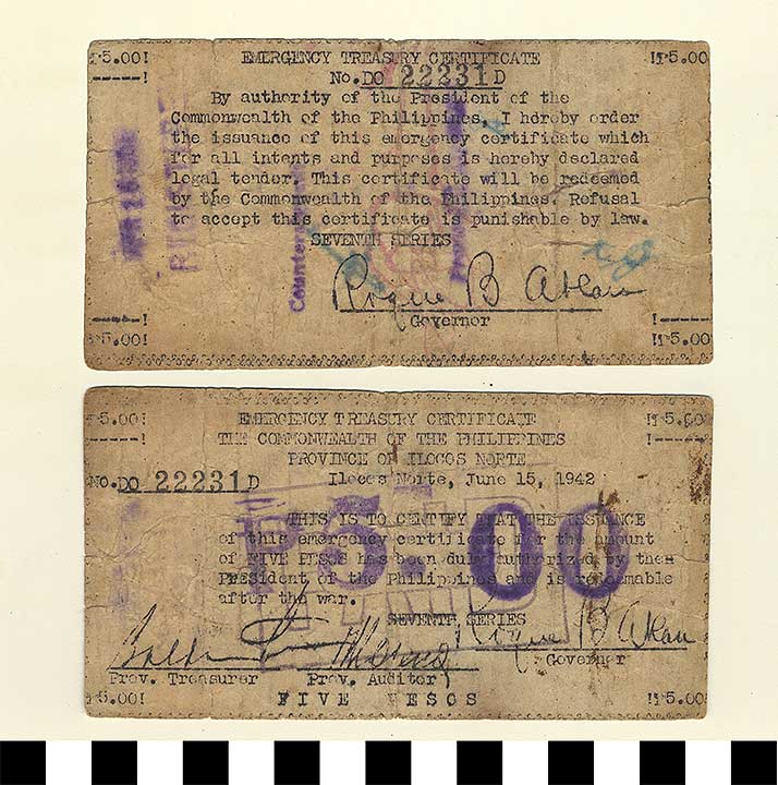 Thumbnail of Philippine Commonwealth Government Province of Ilocos Emergency Circulating Bank Note: 5 Pesos (1992.23.1777)