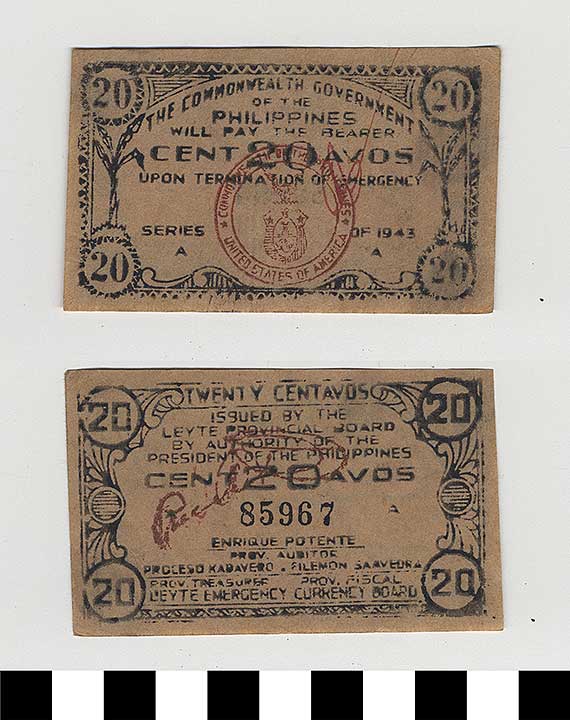 Thumbnail of Philippine Commonwealth Government Leyte Emergency Circulating Bank Note: 20 Centavos (1992.23.1805)