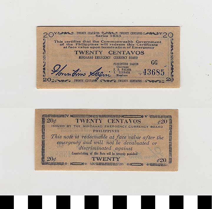 Thumbnail of Philippine Commonwealth Government Mindanao Emergency Circulating Bank Note: 20 Centavos (1992.23.1819)