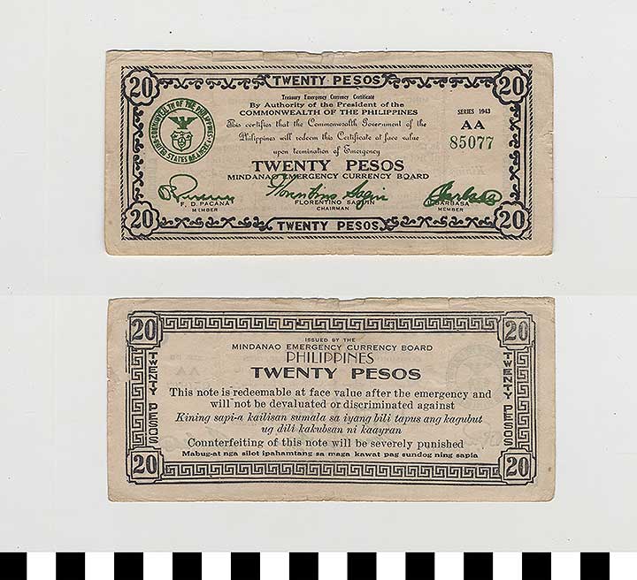 Thumbnail of Philippine Commonwealth Government Mindanao Emergency Circulating Bank Note: 20 Pesos (1992.23.1829)