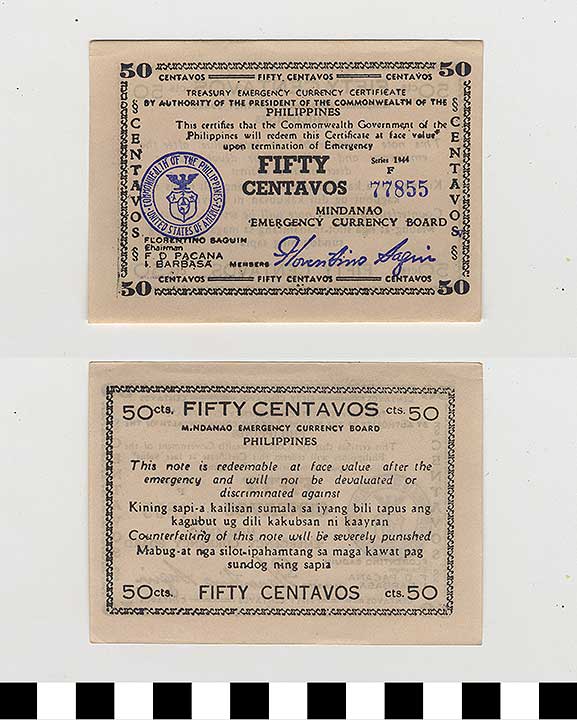 Thumbnail of Philippine Commonwealth Government Mindanao Emergency Circulating Bank Note: 50 Centavos (1992.23.1830)