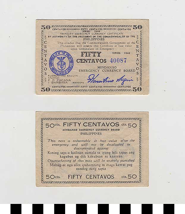 Thumbnail of Philippine Commonwealth Government Mindanao Emergency Circulating Bank Note: 50 Centavos (1992.23.1839)