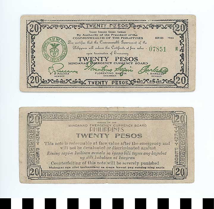 Thumbnail of Philippine Commonwealth Government Mindanao Emergency Circulating Bank Note: 20 Pesos (1992.23.1856)