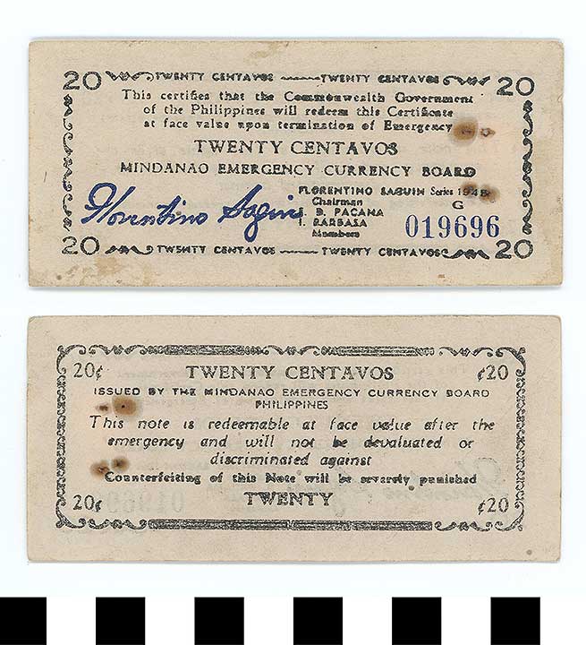 Thumbnail of Philippine Commonwealth Government Mindanao Emergency Circulating Bank Note: 20 Centavos (1992.23.1860)