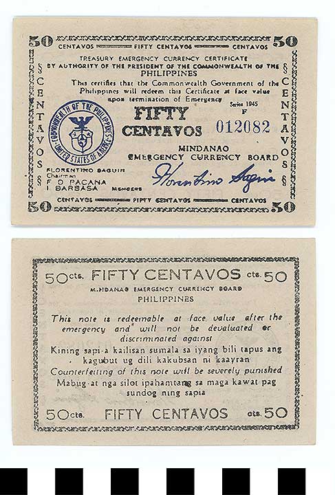 Thumbnail of Philippine Commonwealth Government Mindanao Emergency Circulating Bank Note: 50 Centavos (1992.23.1861)