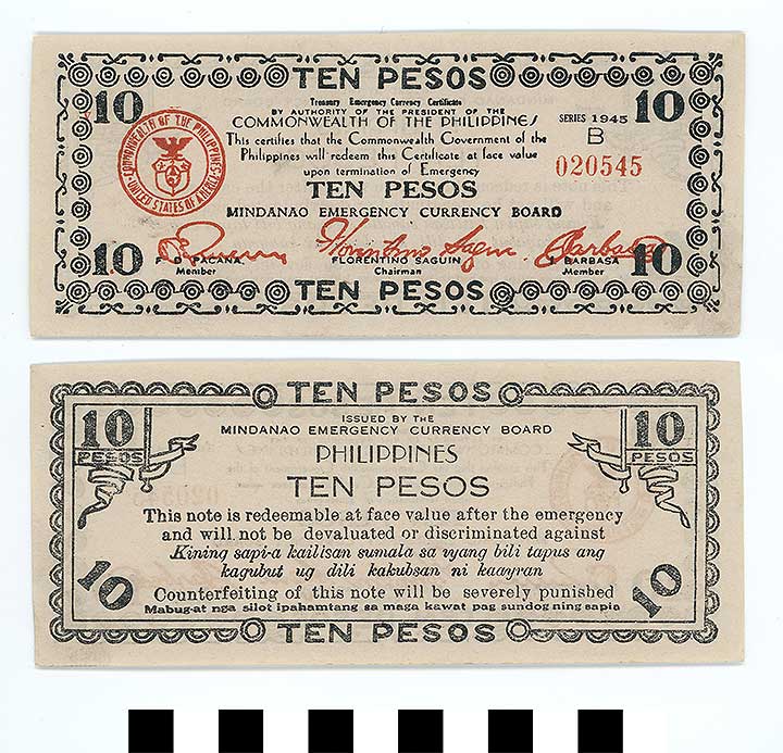 Thumbnail of Philippine Commonwealth Government Mindanao Emergency Circulating Bank Note: 10 Pesos (1992.23.1863)