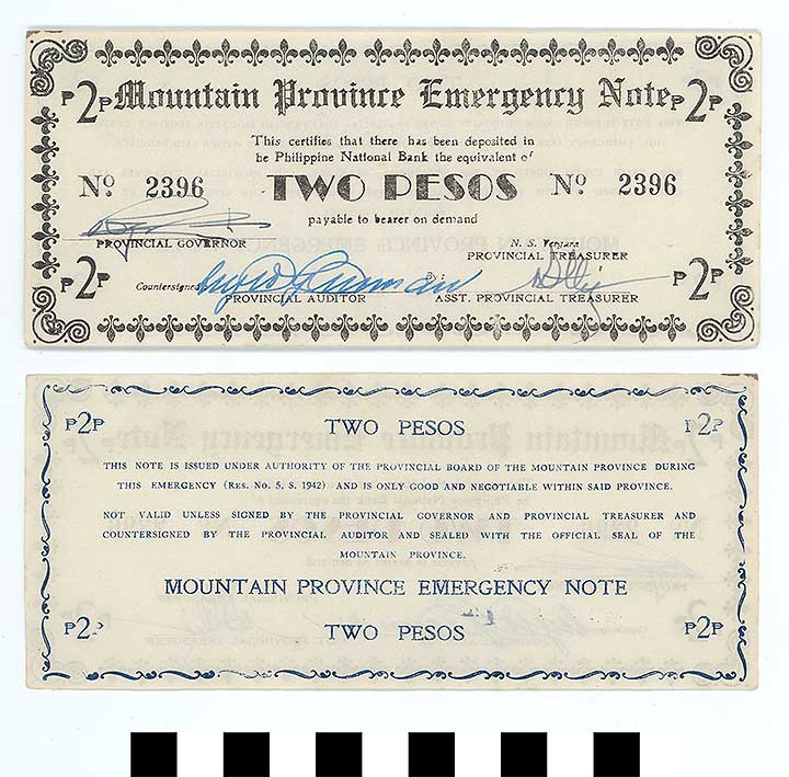 Thumbnail of Philippine Commonwealth Government Mountain Province Emergency Circulating Bank Note: 2 Pesos (1992.23.1878)