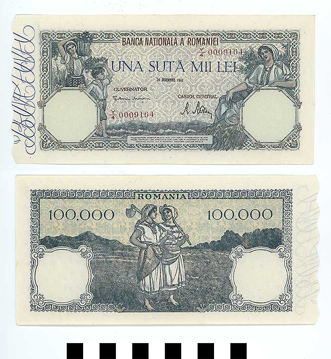 Thumbnail of Bank Note: Romania, 100,000 Lei (1992.23.1936)