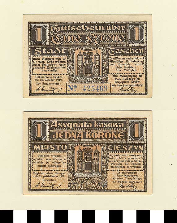 Thumbnail of Bank Note: Cieszyn Town in Silesia, 1 Krone/Korone (1992.23.1967)