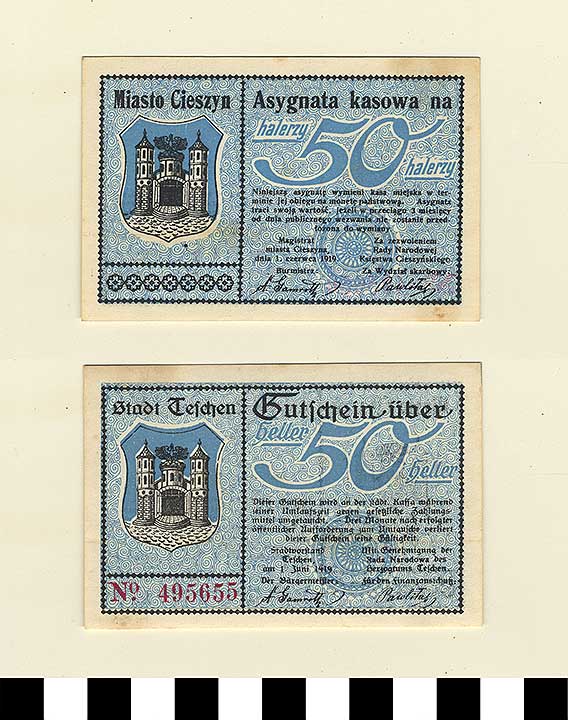 Thumbnail of Bank Note: Cieszyn Town in Silesia, 50 Halerzy/Heller (1992.23.1968)