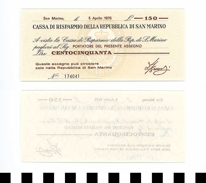 Thumbnail of Bank Note: Republic of San Marino, 150 Lire (1992.23.2044)