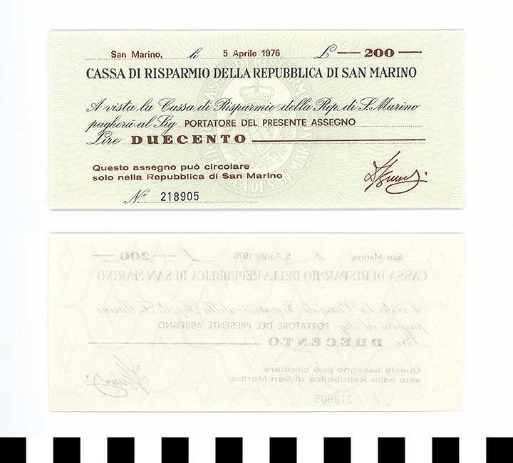 Thumbnail of Bank Note: Republic of San Marino, 200 Lire (1992.23.2045)