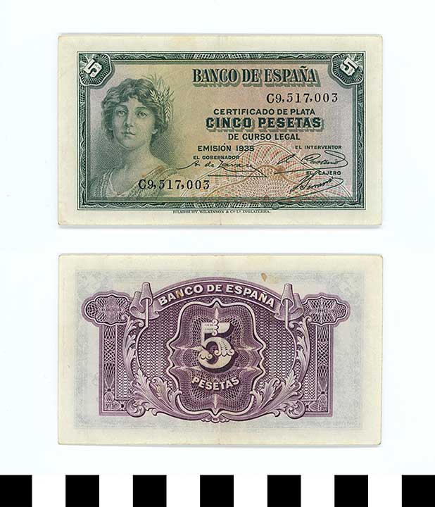 Thumbnail of Bank Note: Kingdom of Spain, 5 Pesetas (1992.23.2118)