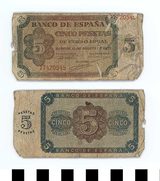 Thumbnail of Bank Note: Spain, 5 Pesetas (1992.23.2126)