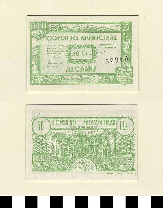 Thumbnail of Bank Note: Consejo Municipal Alcañiz, Spain, 50 Centimos (1992.23.2135B)