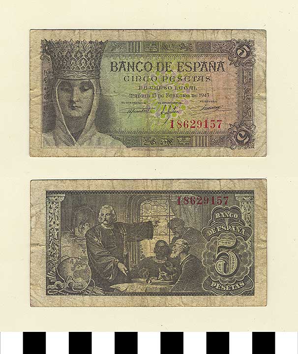 Thumbnail of Bank Note: Spain, 5 Pesetas (1992.23.2140)