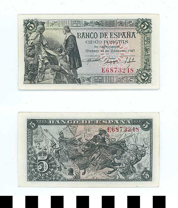 Thumbnail of Bank Note: Spain, 5 Pesetas (1992.23.2142)