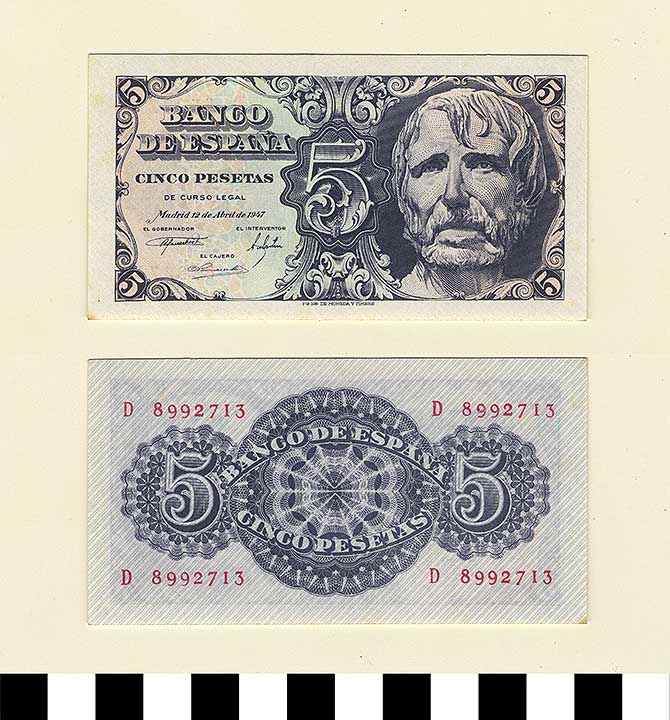 Thumbnail of Bank Note: Spain, 5 Pesetas (1992.23.2144)