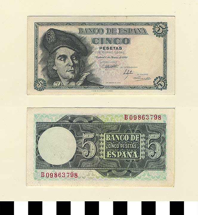 Thumbnail of Bank Note: Spain, 5 Pesetas (1992.23.2145)