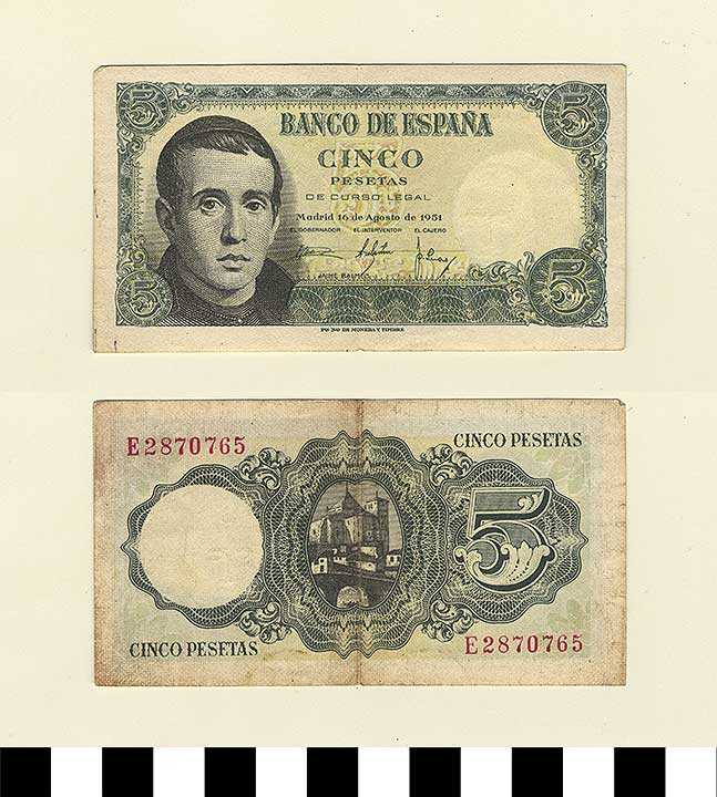 Thumbnail of Bank Note: Spain, 5 Pesetas (1992.23.2146)