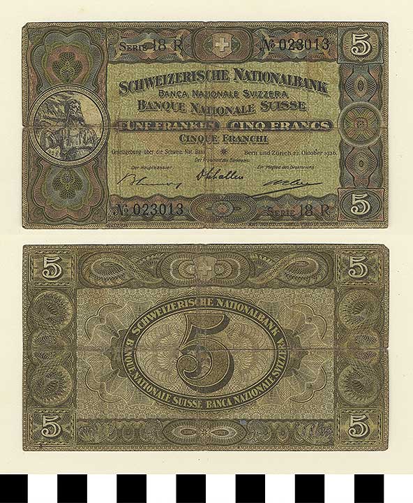 Thumbnail of Bank Note: Switzerland, 5 Francs (1992.23.2165)