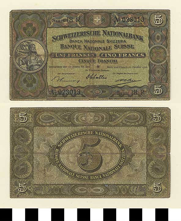 Thumbnail of Bank Note: Switzerland, 5 Francs (1992.23.2165)