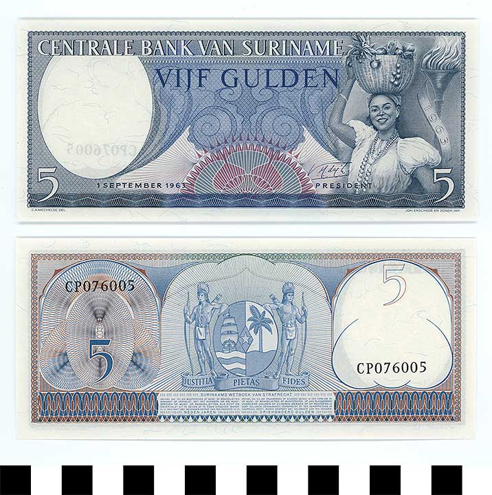 Thumbnail of Bank Note: Suriname, 5 Gulden (1992.23.2169)