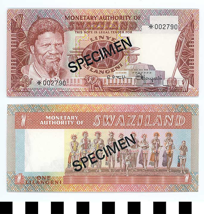 Thumbnail of Bank Note: Swaziland, 1 Lilanoeni (1992.23.2178)