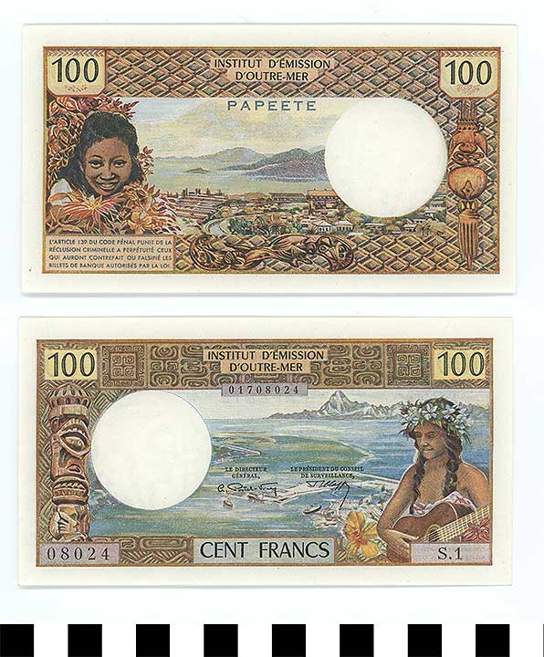 Thumbnail of Bank Note: Tahiti, 100 Francs (1992.23.2202)