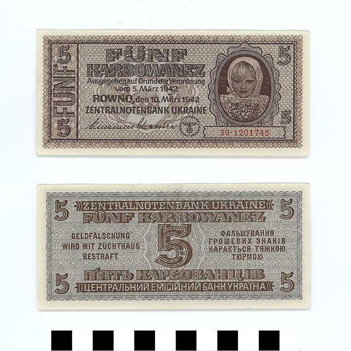 Thumbnail of Bank Note: Ukraine Reich Commission, German Occupation Government in Ukraine, 5 Karbowanez (1992.23.2257)
