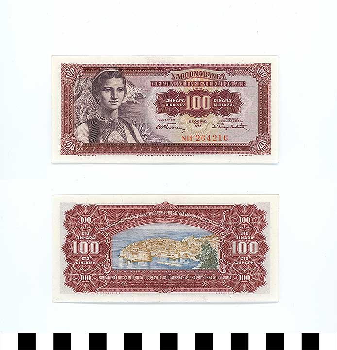 Thumbnail of Bank Note: Yugoslavia, 100 Dinara (1992.23.2344b)
