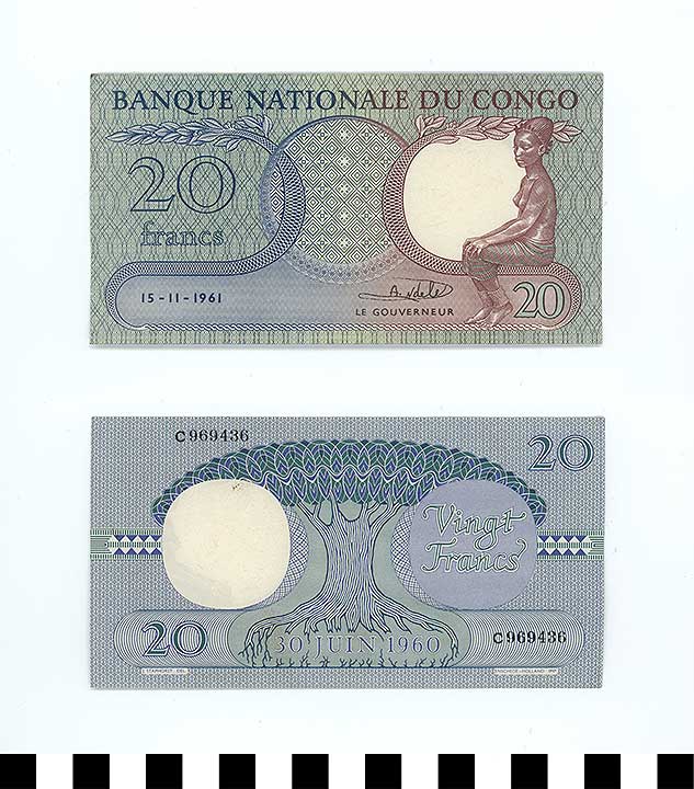 Thumbnail of Bank Note: Republic of Zaire, 20 Francs (1992.23.2352)
