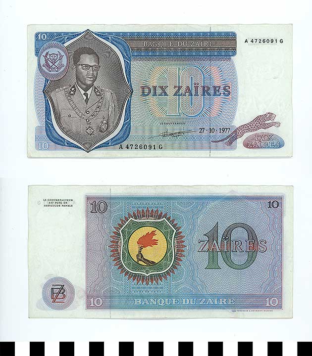 Thumbnail of Bank Note: Republic of Zaire, 10 Zaires (1992.23.2355)